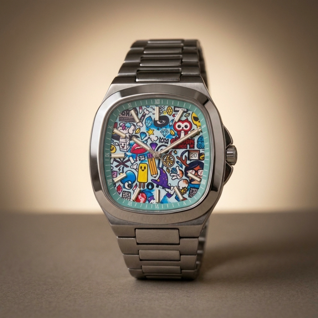 MURALE Silver · Steel bracelet – street-art automatic watch, front view