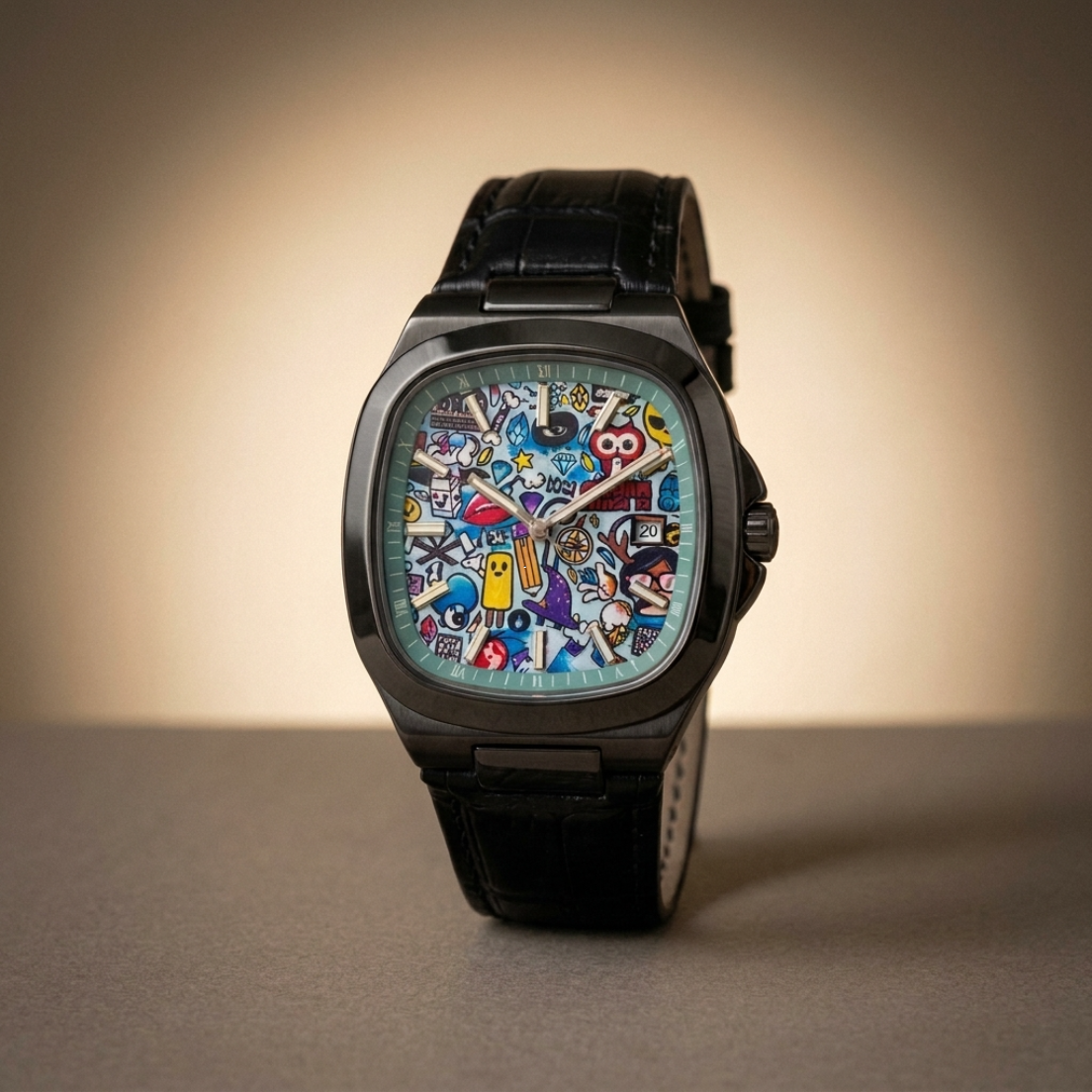 MURALE Black · Black leather – street-art automatic watch, front view