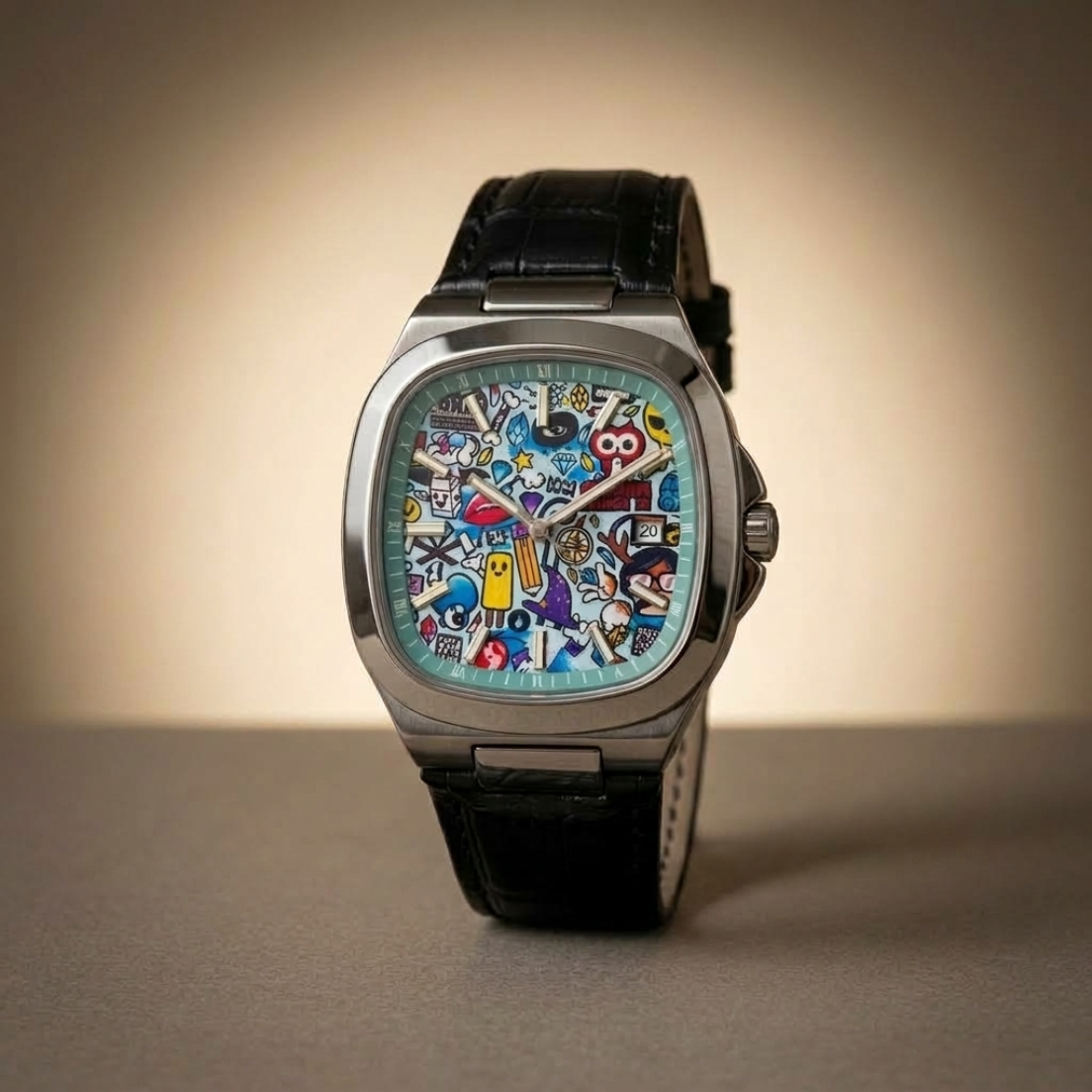 MURALE Silver · Black leather – street-art automatic watch, front view