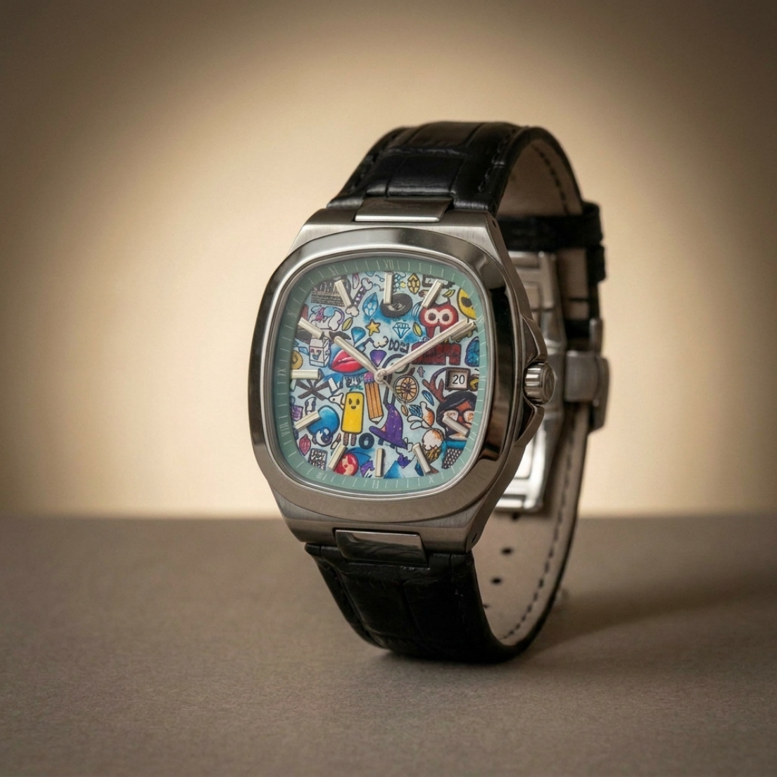 MURALE Silver · Black leather – street-art automatic watch, three-quarter view
