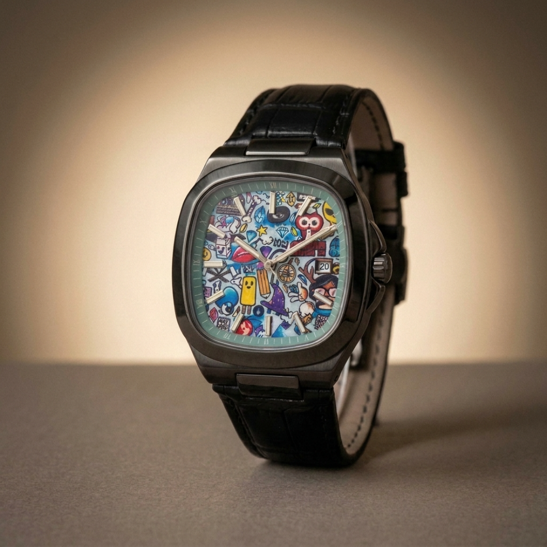 MURALE Black · Black leather – street-art automatic watch, three-quarter view