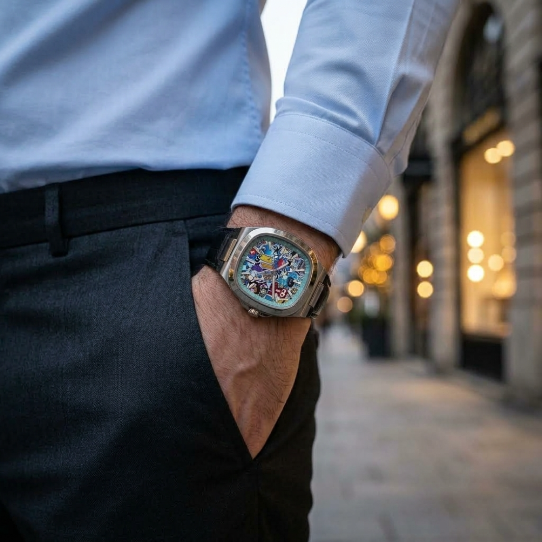 MURALE Silver · Black leather – street-art automatic watch, on the wrist in the city