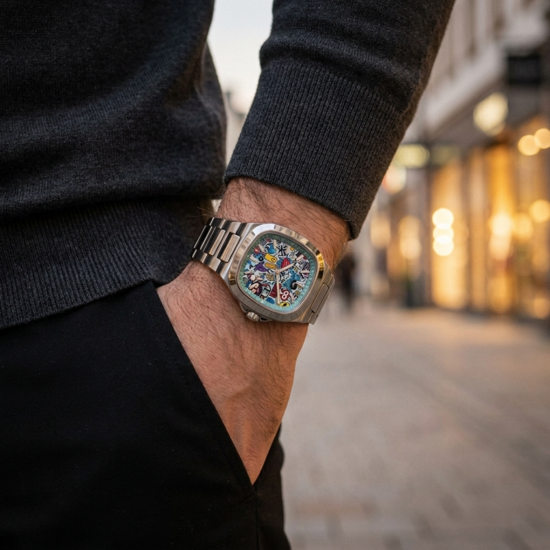 MURALE Silver · Steel bracelet – street-art automatic watch, on the wrist in the city