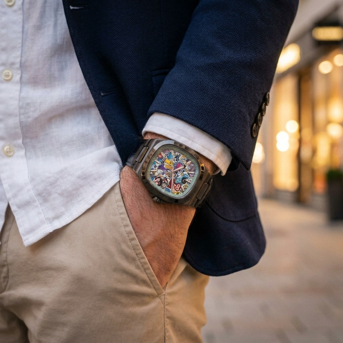 MURALE Black · Black leather – street-art automatic watch, on the wrist in the city