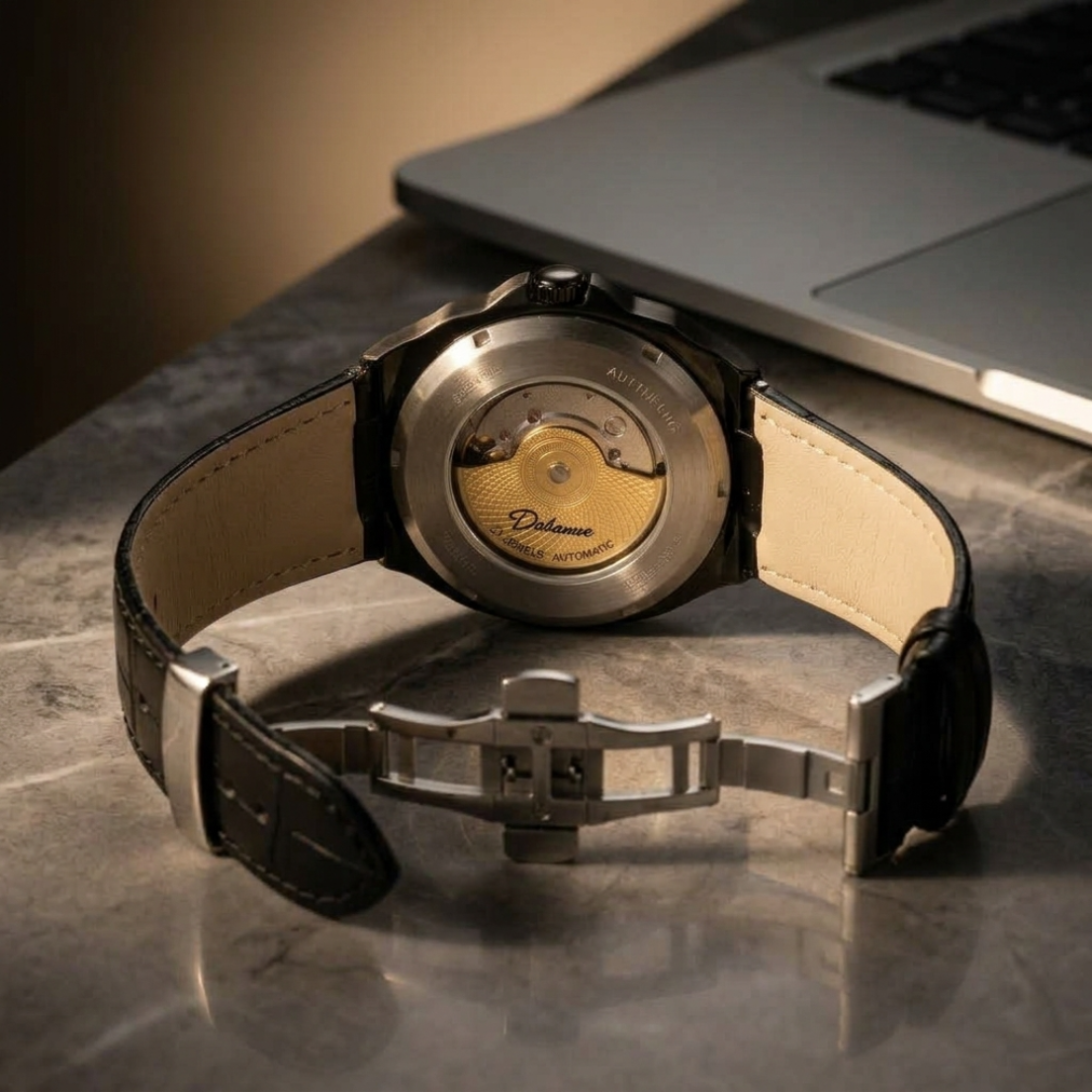 MURALE Black · Black leather – street-art automatic watch, see-through caseback and butterfly clasp