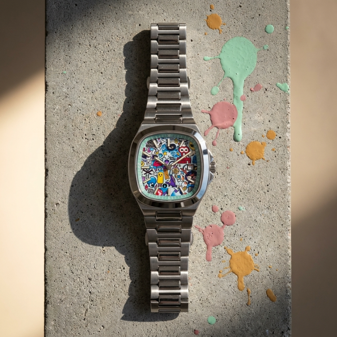 MURALE Silver · Steel bracelet – street-art automatic watch, top view on concrete