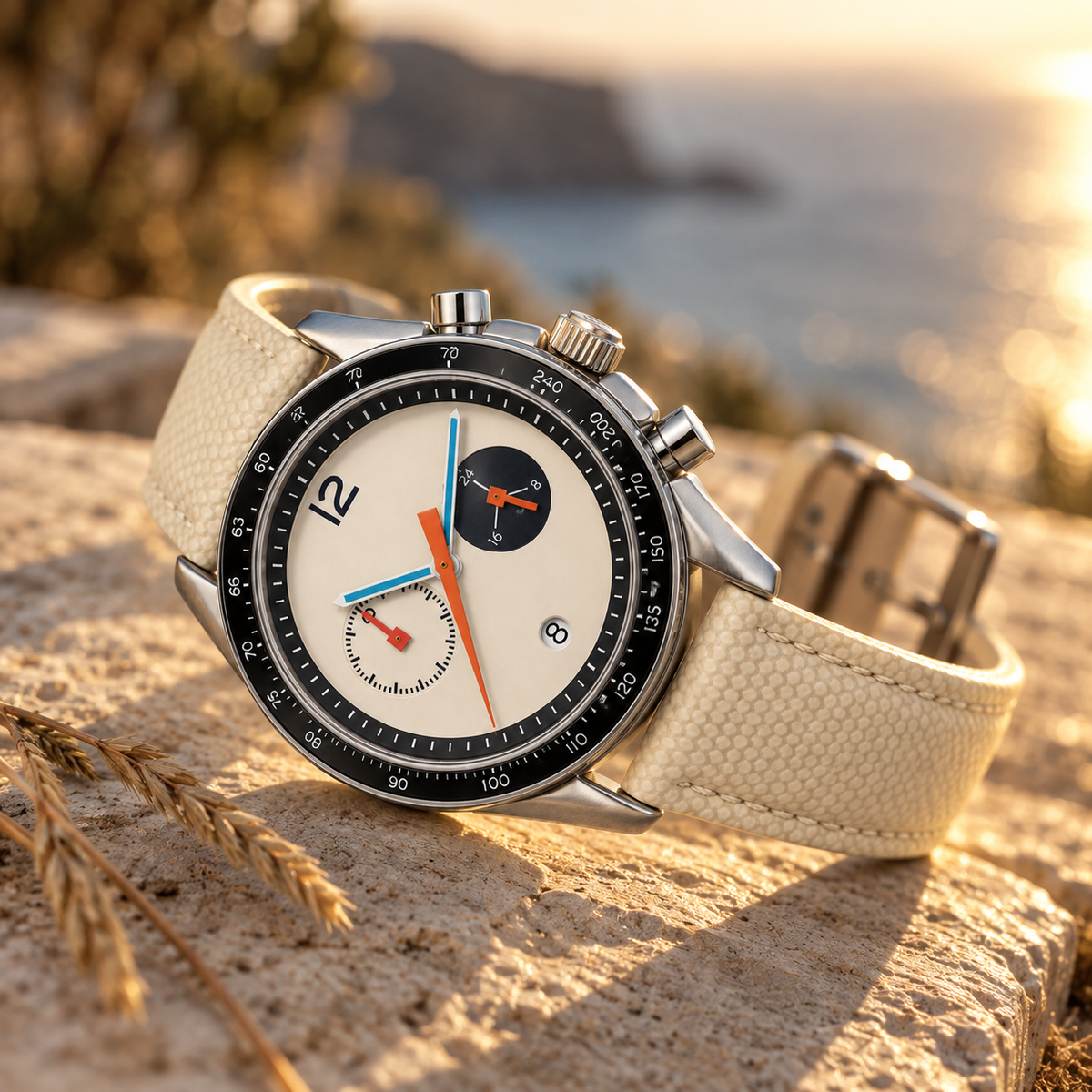 SCATTO Ivory — Cream vintage chronograph watch | MERIDIO