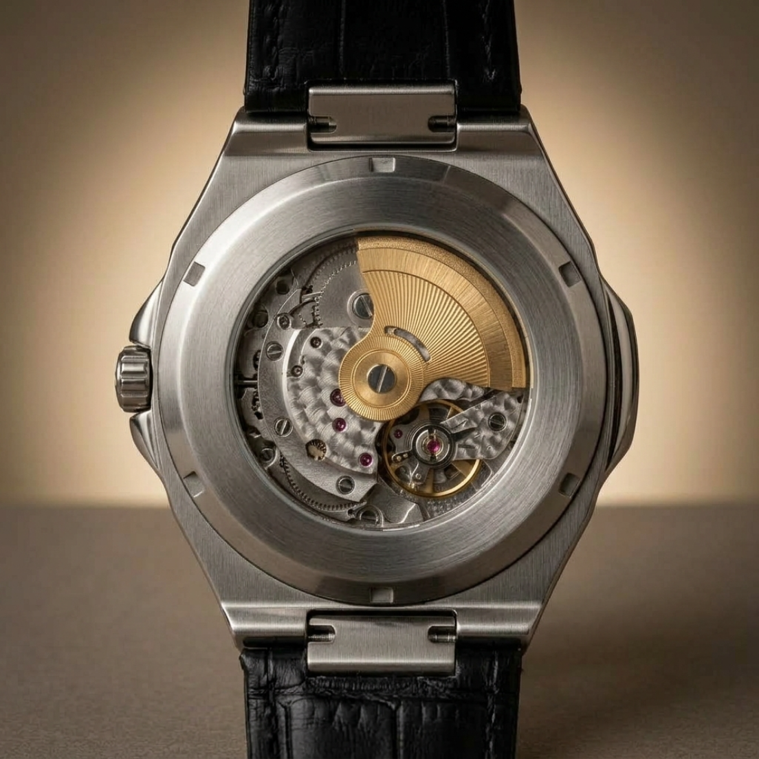 MURALE Silver · Black leather – street-art automatic watch, see-through caseback showing the rotor