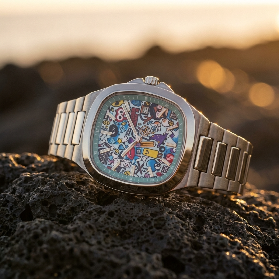 MURALE Silver · Steel bracelet – street-art automatic watch, on lava rock at sunset