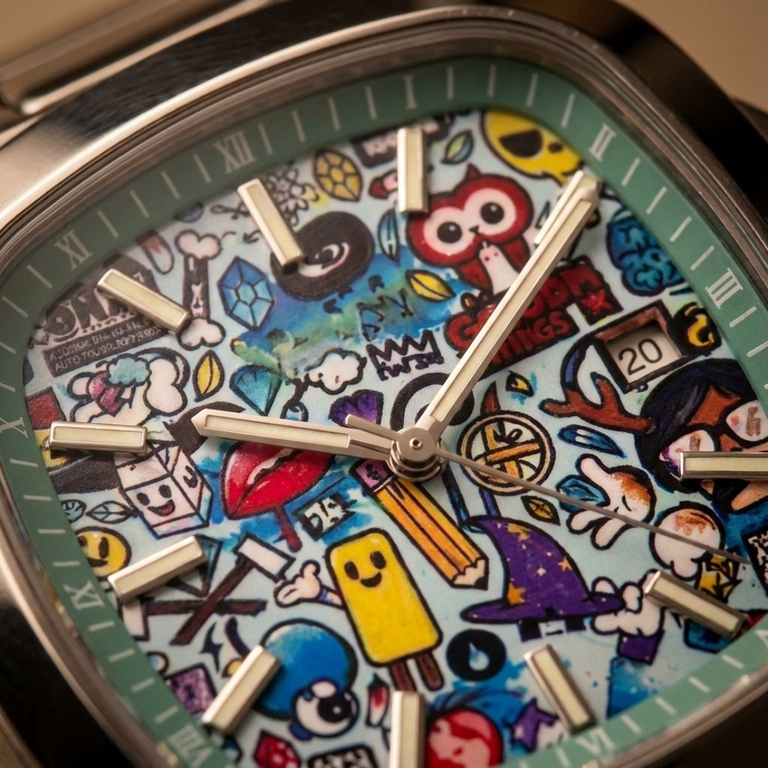 MURALE Silver · Steel bracelet – street-art automatic watch, close-up of the dial