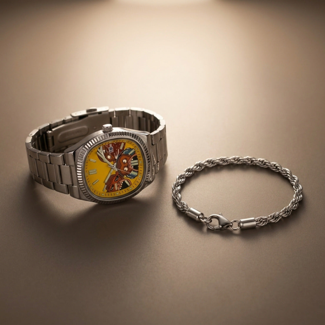 BANDA – watch with a yellow dial and three monkeys, with the free FUNE bracelet