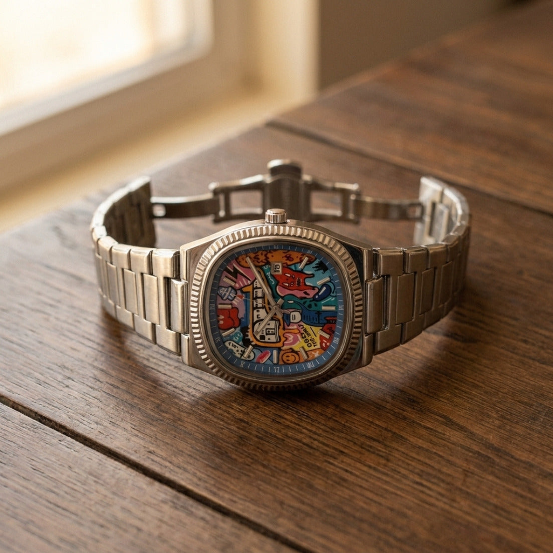 GRAFFITO Plateado – reloj con esfera pintada de arte urbano, esfera y cierre mariposa
