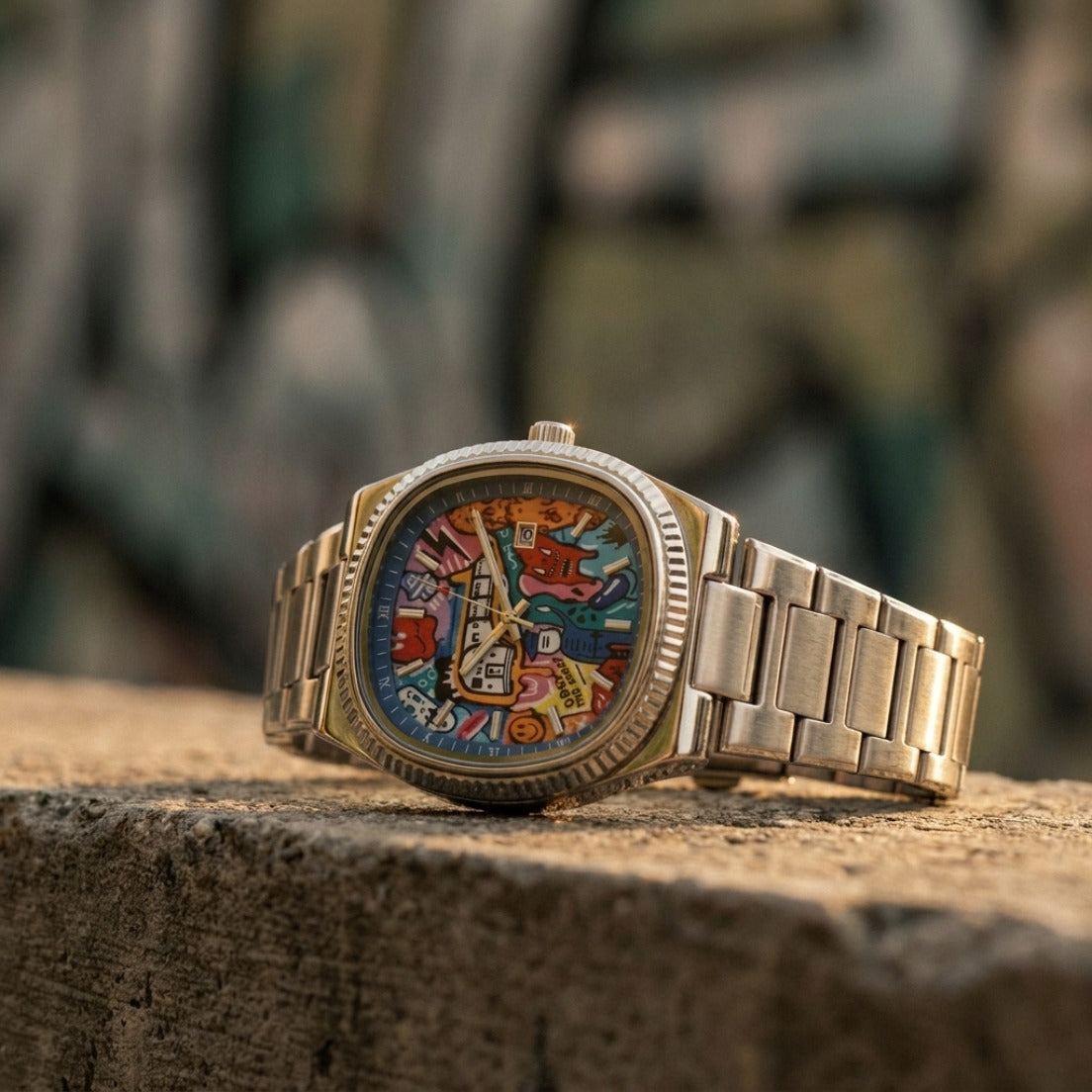 GRAFFITO Plateado – reloj con esfera pintada de arte urbano, apoyado en un muro bajo