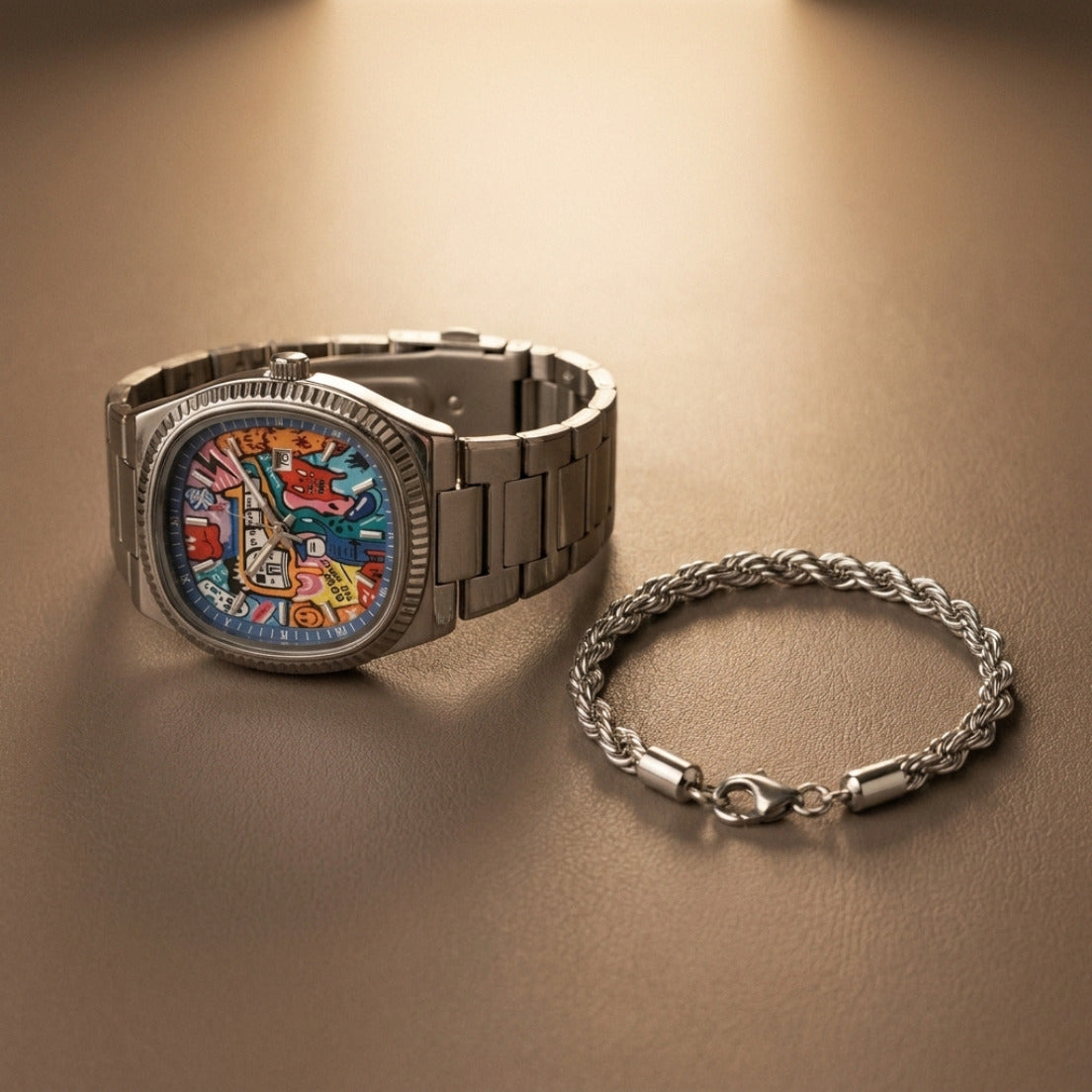 GRAFFITO Plateado – reloj con esfera pintada de arte urbano, con la pulsera FUNE de regalo