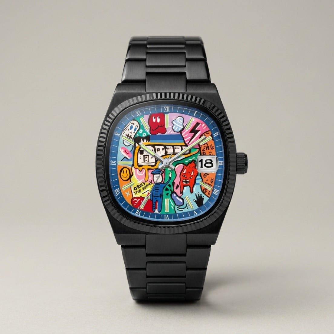 GRAFFITO Negro – reloj con esfera pintada de arte urbano, vista frontal