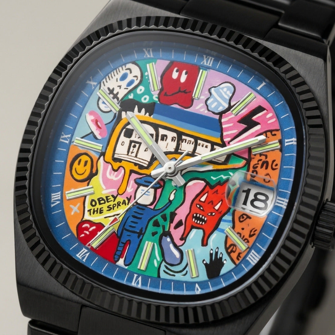 GRAFFITO Negro – reloj con esfera pintada de arte urbano, detalle de la esfera