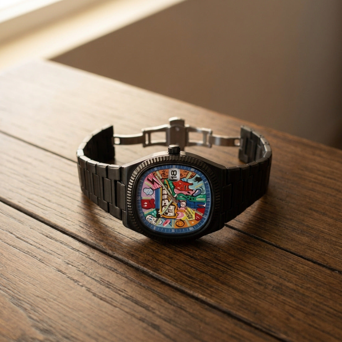 GRAFFITO Negro – reloj con esfera pintada de arte urbano, esfera y cierre mariposa