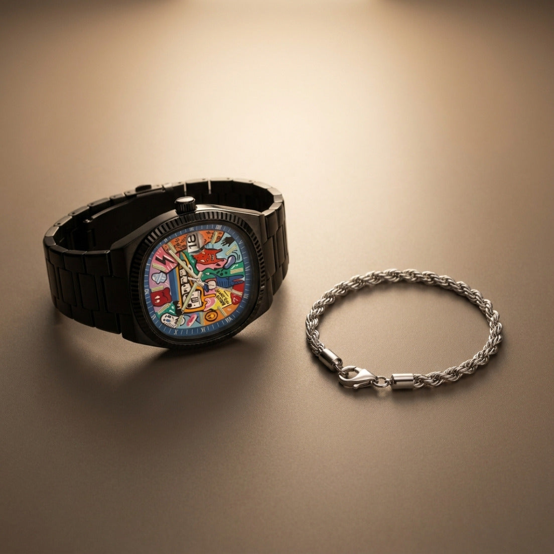 GRAFFITO Negro – reloj con esfera pintada de arte urbano, con la pulsera FUNE de regalo