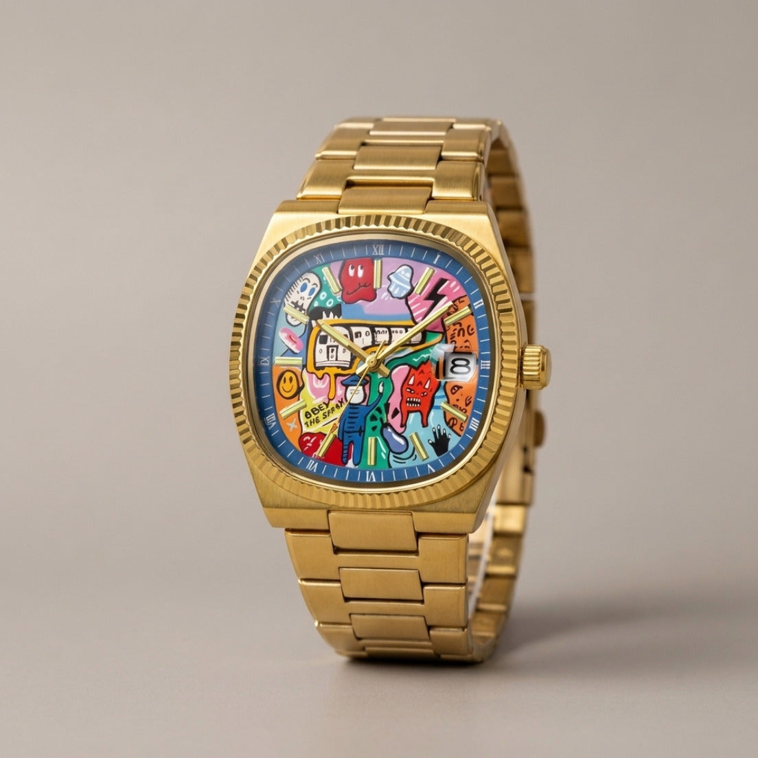 GRAFFITO Dorado – reloj con esfera pintada de arte urbano, vista frontal