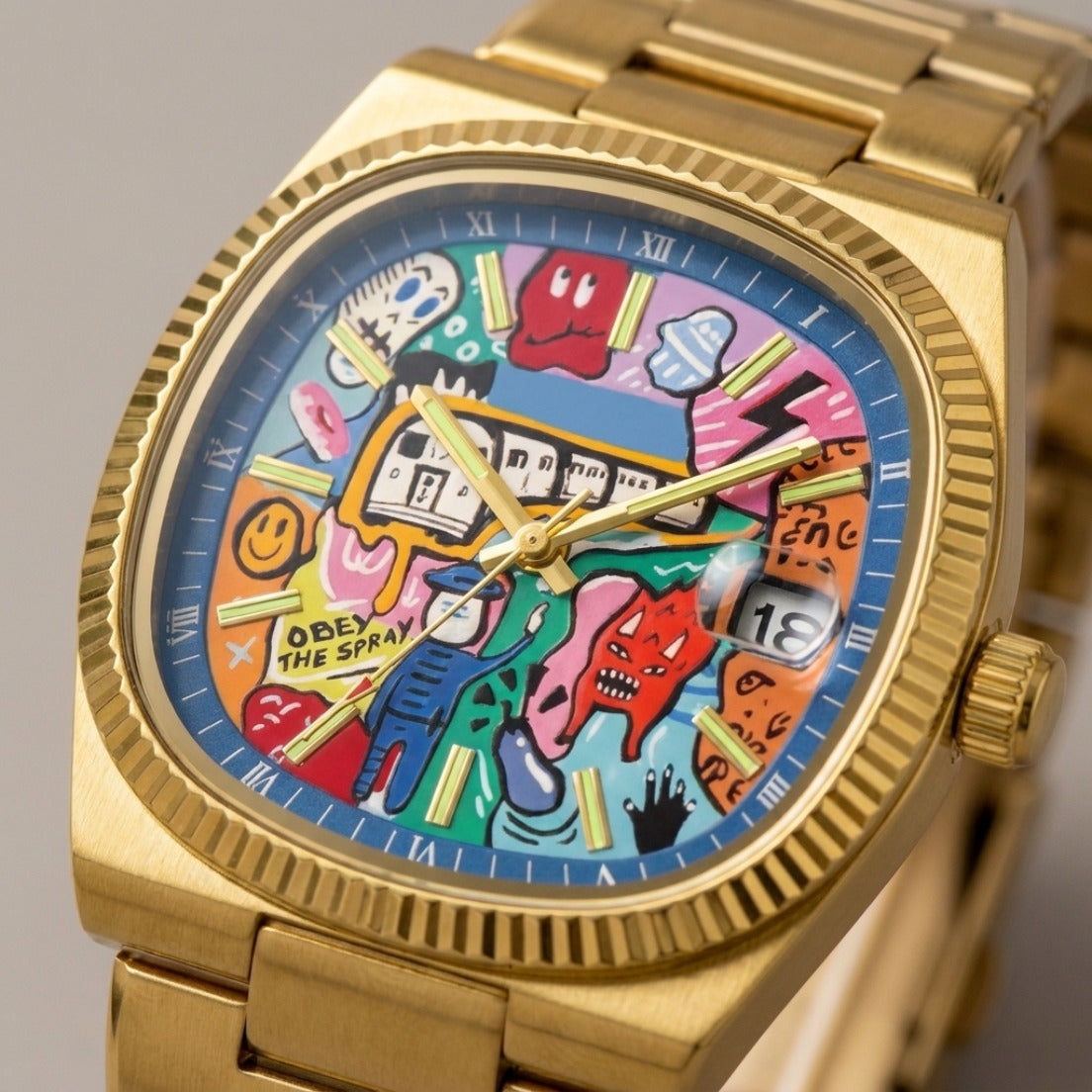 GRAFFITO Dorado – reloj con esfera pintada de arte urbano, detalle de la esfera