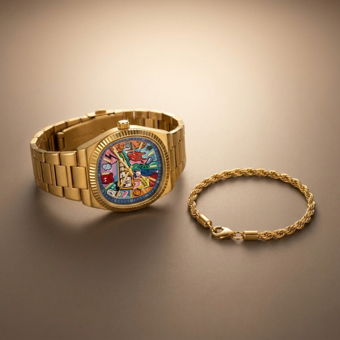 GRAFFITO Dorado – reloj con esfera pintada de arte urbano, con la pulsera FUNE de regalo
