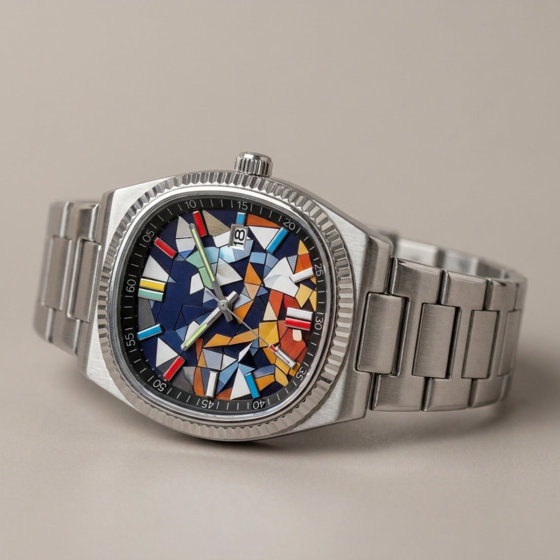 MOSAICO – watch with a colourful mosaic dial, three-quarter view from above
