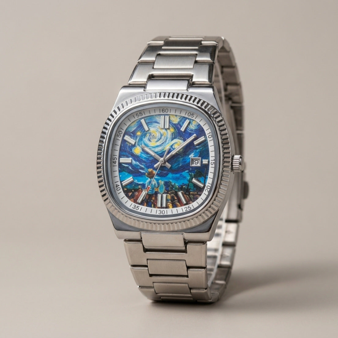 NOTTURNO Argento – orologio con quadrante notte stellata dipinta, vista frontale
