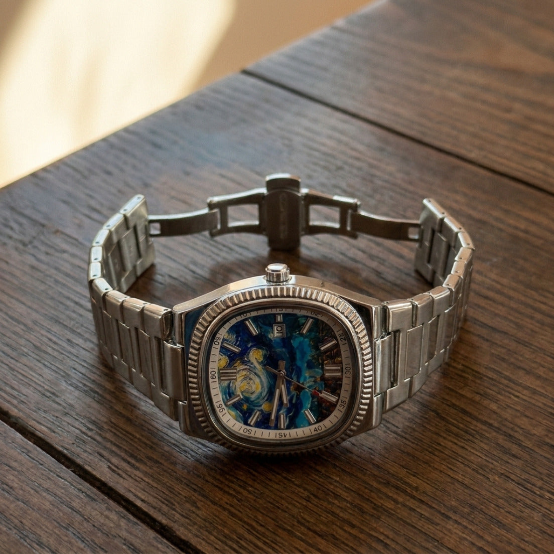 NOTTURNO Argento – orologio con quadrante notte stellata dipinta, quadrante e chiusura a farfalla