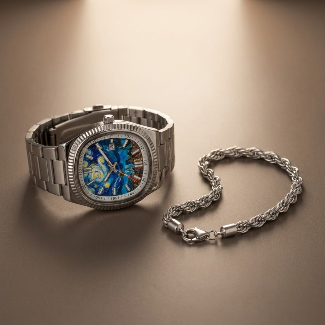 NOTTURNO Argento – orologio con quadrante notte stellata dipinta, con il bracciale FUNE in regalo