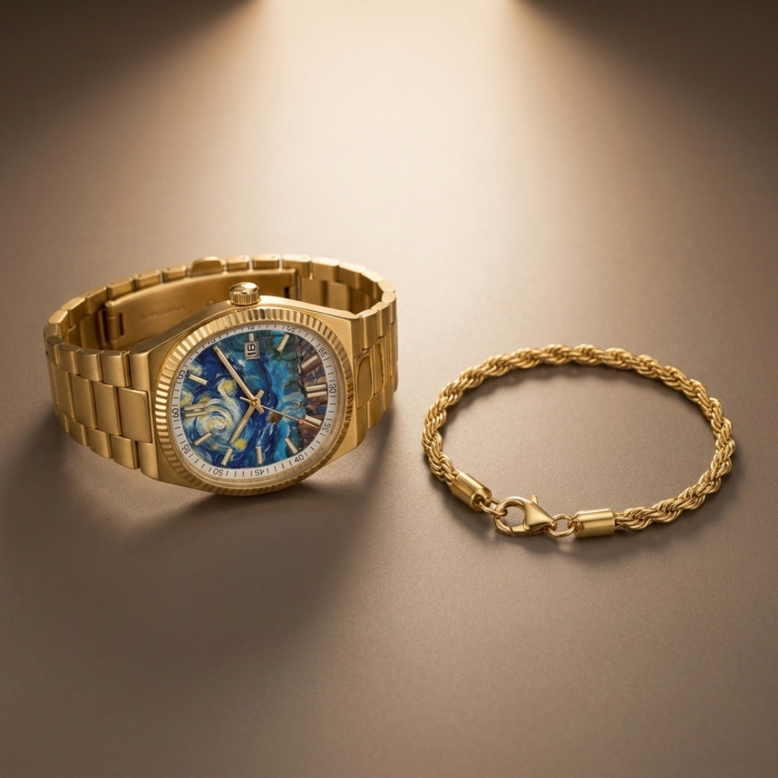 NOTTURNO Oro – orologio con quadrante notte stellata dipinta, con il bracciale FUNE in regalo