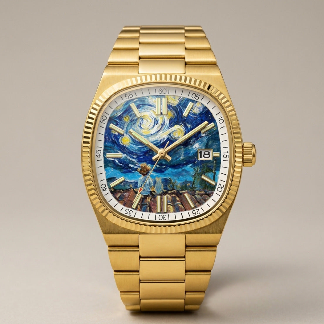 NOTTURNO Oro – orologio con quadrante notte stellata dipinta, vista frontale
