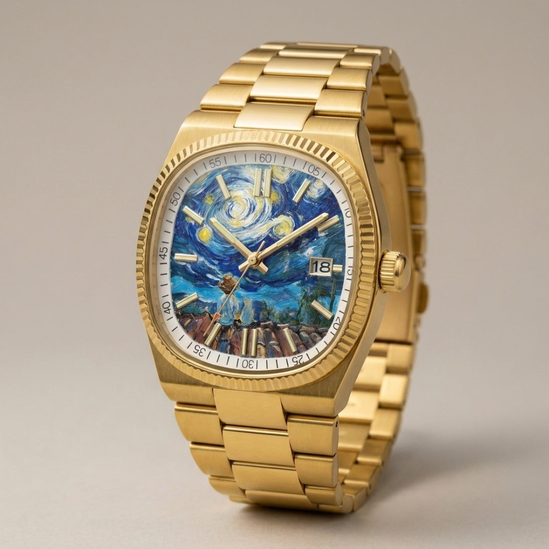 NOTTURNO Oro – orologio con quadrante notte stellata dipinta, vista di tre quarti