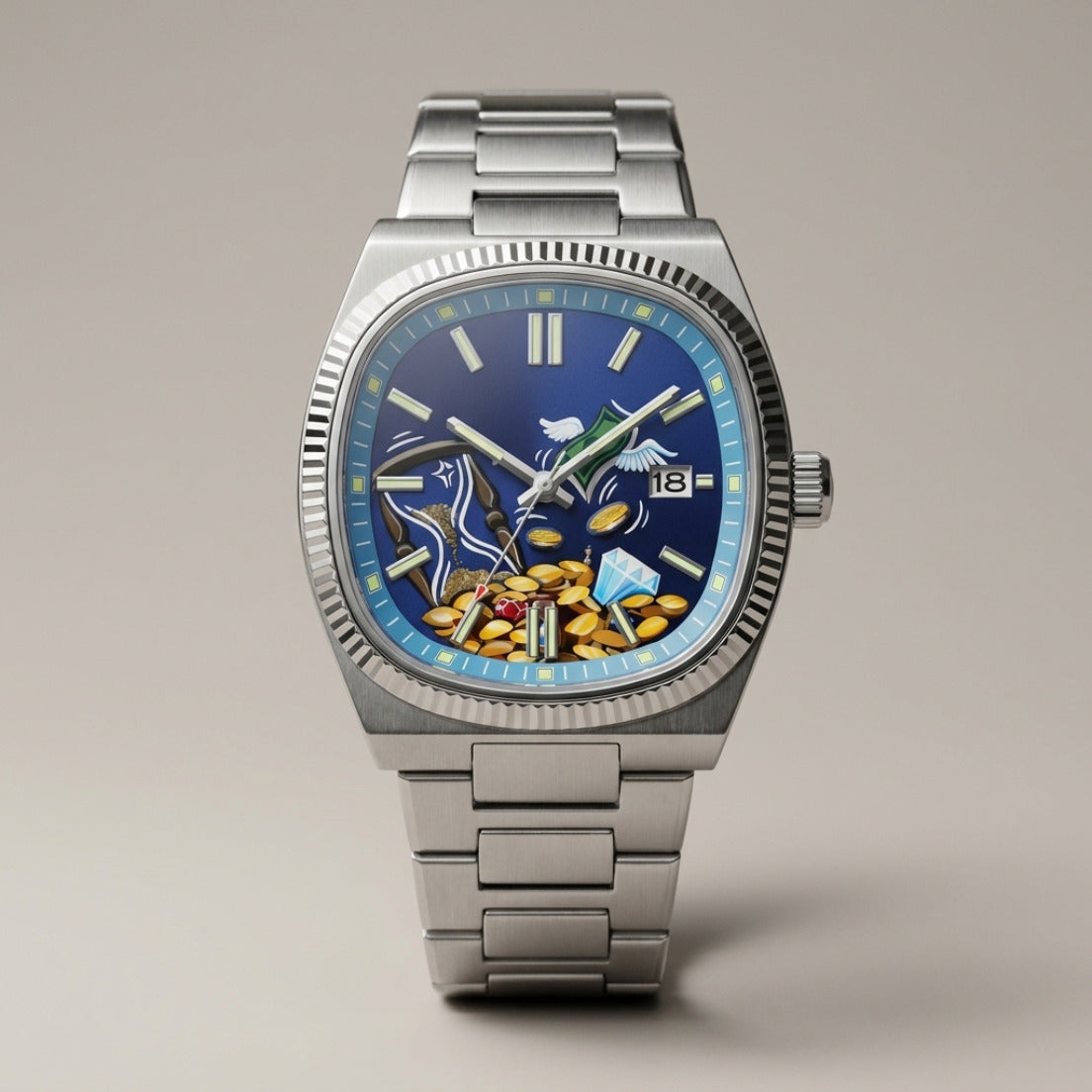TESORO – watch with a blue dial and golden treasure, front view