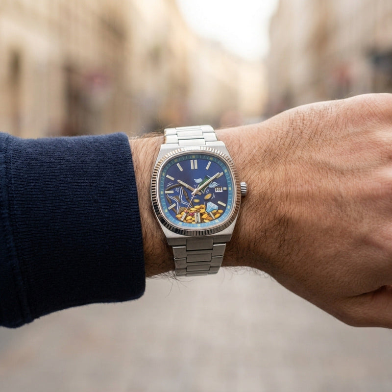 TESORO – watch with a blue dial and golden treasure, worn on the wrist