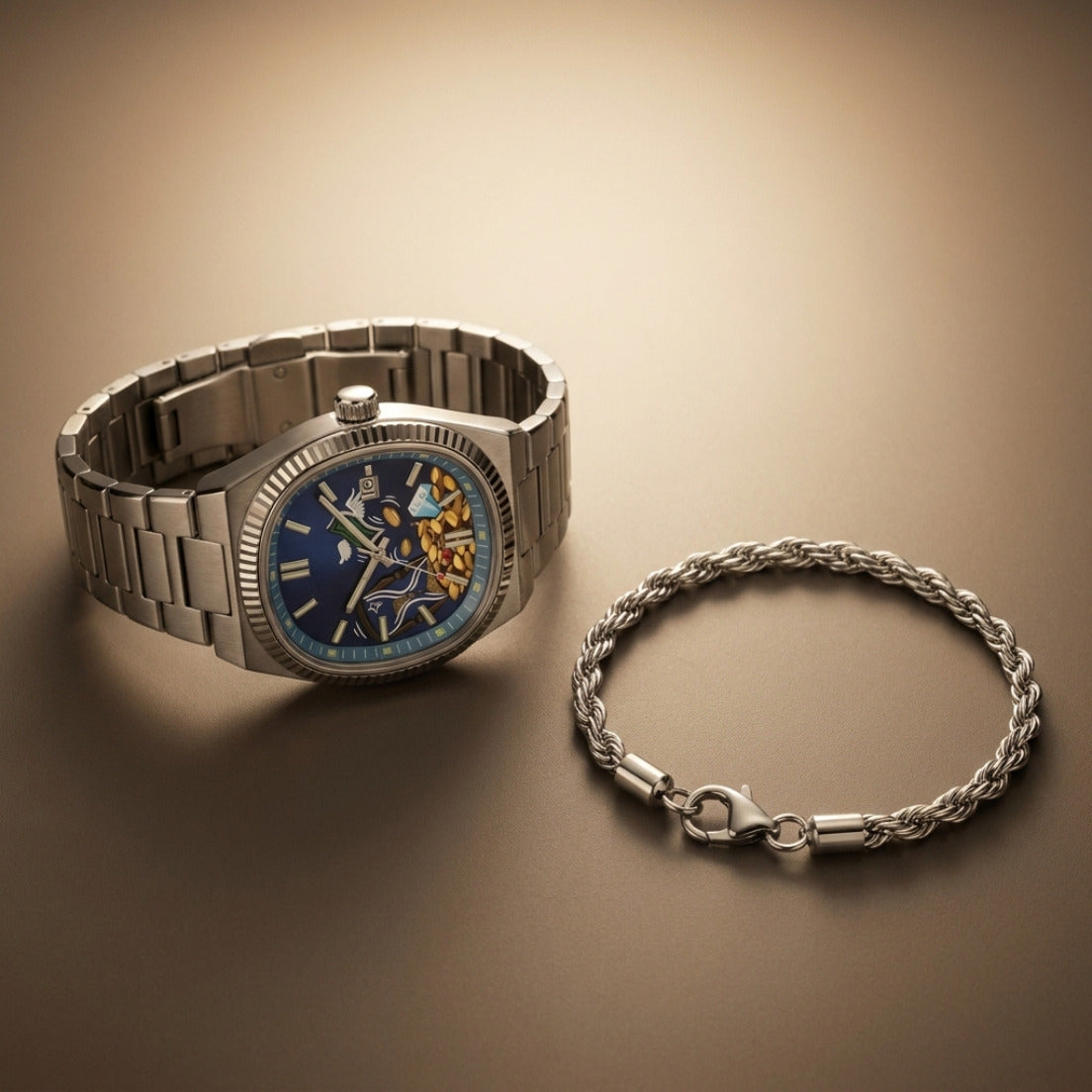TESORO – watch with a blue dial and golden treasure, with the free FUNE bracelet